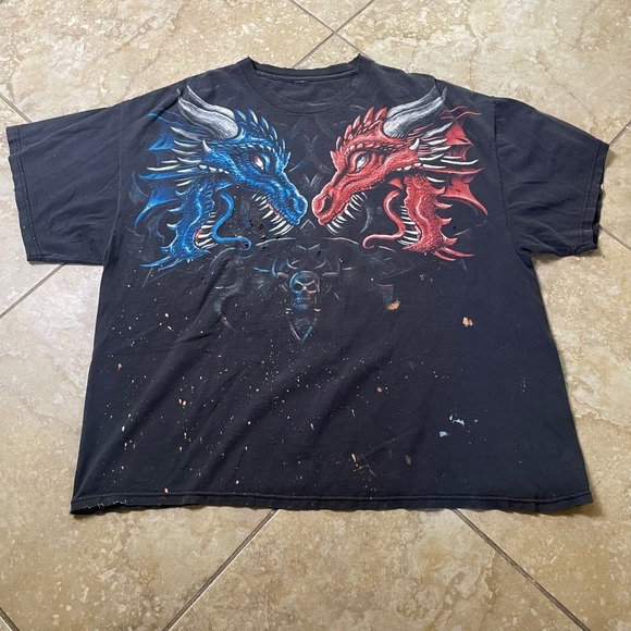 Vintage Y2K Dragon T Shirt Double Sided‎ Graphic Print Distressed Black